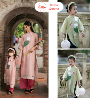 Áo dài mẹ và bé Liên Hoa vải tơ crep màu hồng thêu tay thủ công cao cấp - Áo Dài Hoàng Mai