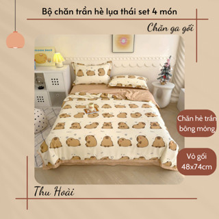 Bộ ga gối phi lụa capybara và labubu , set chăn ga lụa mùa hè mẫu mới nhất , chăn trần bông mỏng và ga bo chun bọc nệm