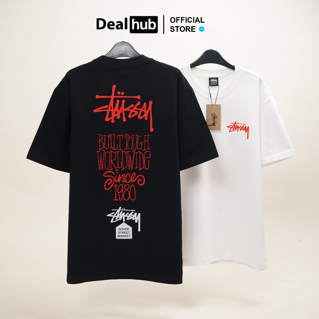 Áo thun Stussy Built Tough Worldwide Since 1980 Chữ Đỏ In Kỹ Thuật Số Form Oversize