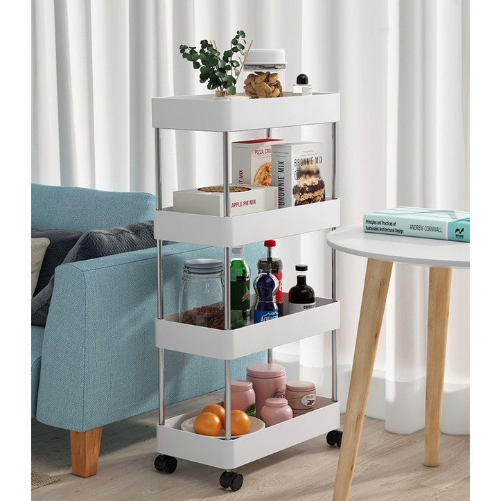 Kệ Đựng Đồ 4 Tầng Có Bánh Xe Bằng Nhựa Tiện Lợi Cho Nhà Bếp, Phòng Tắm, Phòng Khách