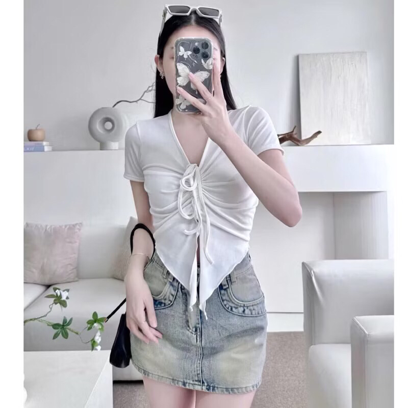 Áo kiểu nữ dây rút vạt nhọn Len Gân dáng croptop ôm A229 | BigBuy360 - bigbuy360.vn