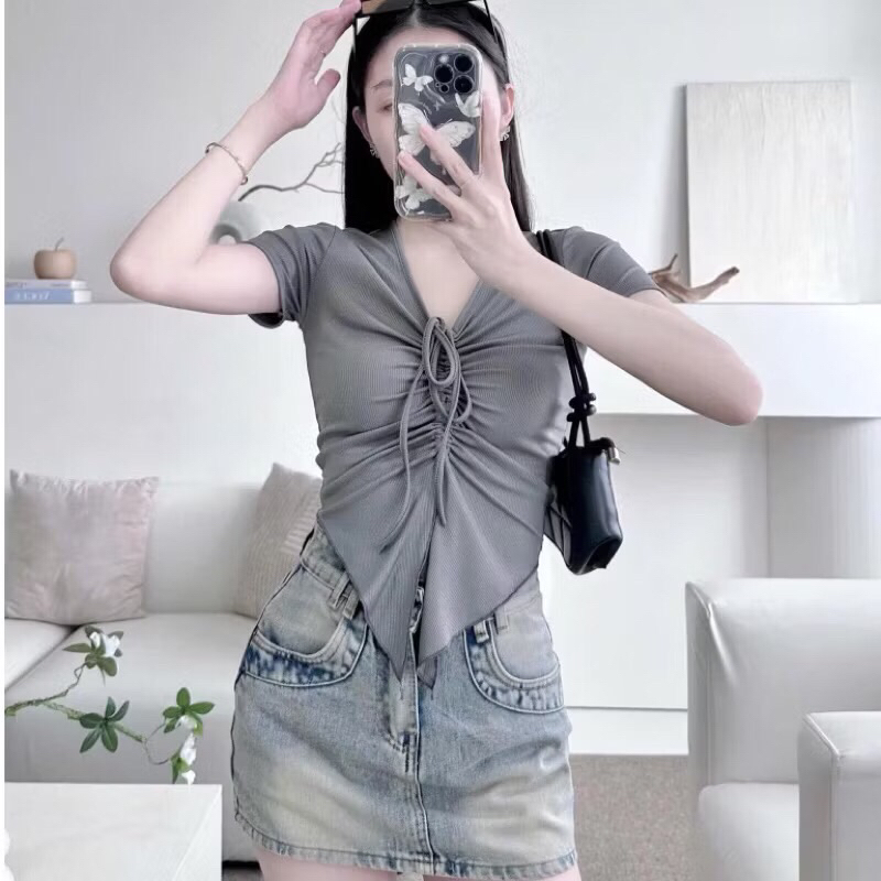 Áo kiểu nữ dây rút vạt nhọn Len Gân dáng croptop ôm A229 | BigBuy360 - bigbuy360.vn