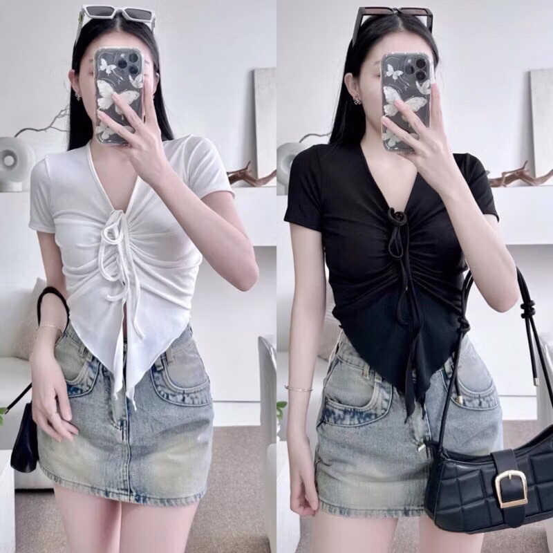 Áo kiểu nữ dây rút vạt nhọn Len Gân dáng croptop ôm A229 | BigBuy360 - bigbuy360.vn