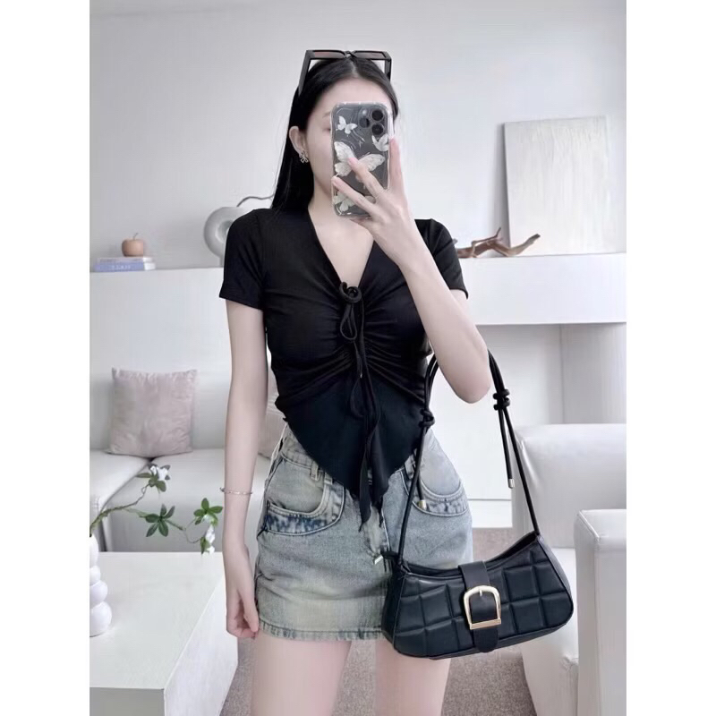 Áo kiểu nữ dây rút vạt nhọn Len Gân dáng croptop ôm A229 | BigBuy360 - bigbuy360.vn