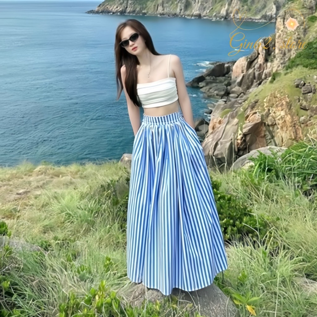 Set Đồ Nữ Đi Biển Aó 2 Dây Bo Chun Mix Chân Váy Kẻ Dáng Dài Nhẹ Nhàng Mà Vẫn Tôn Body Xinh Mê | BigBuy360 - bigbuy360.vn