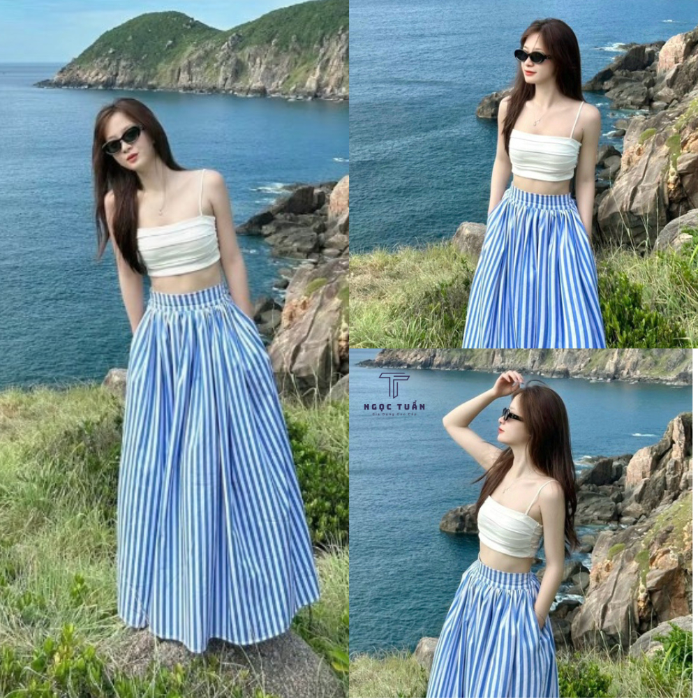 Set Đồ Nữ Đi Biển Aó 2 Dây Bo Chun Mix Chân Váy Kẻ Dáng Dài Nhẹ Nhàng Mà Vẫn Tôn Body Xinh Mê | BigBuy360 - bigbuy360.vn
