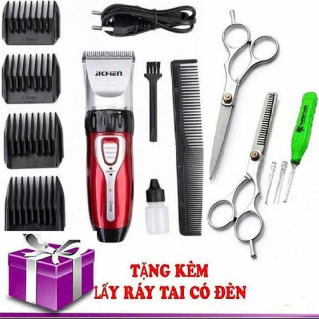 Combo Tông Đơ Cắt Tóc JICHEN Tặng Kèm Kéo Cắt Tỉa Và Lấy Ráy Tai Có Đèn, Tông Đơ Gia Đình