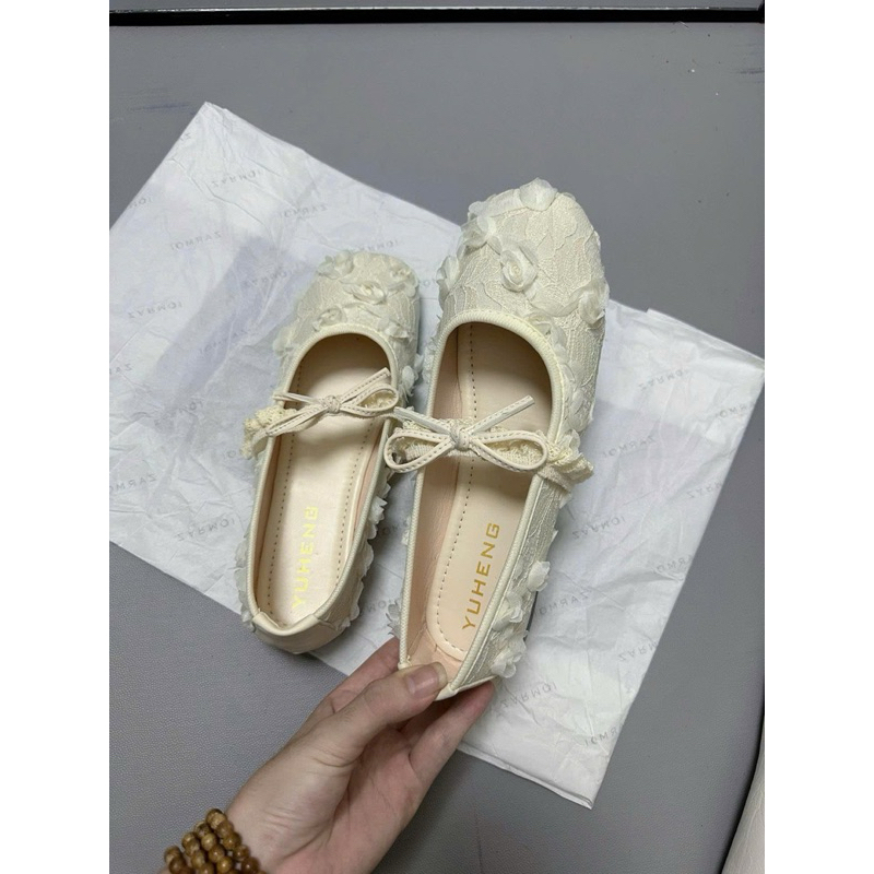 (CHÂN GẦY LÙI 1 SIZE)   Giày Bệt nữ ren hoa Hồng phối nơ xinh nhẹ nhàng mã GB-12