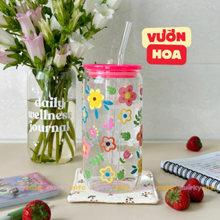Quirky Cute - Ly thủy tinh thiết kế Vườn hoa có nắp và ống hút | Quà tặng sinh nhật, tốt nghiệp
