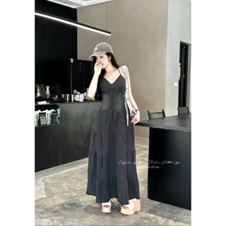 Váy Jean Cổ Yếm Nút Bọc Dáng Dài