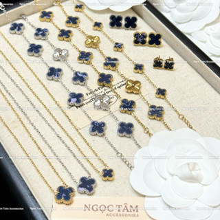 (Set 3 món) Dây chuyền cỏ bốn lá màu xanh navy vân, vòng tay cỏ 4 lá titan không han gỉ