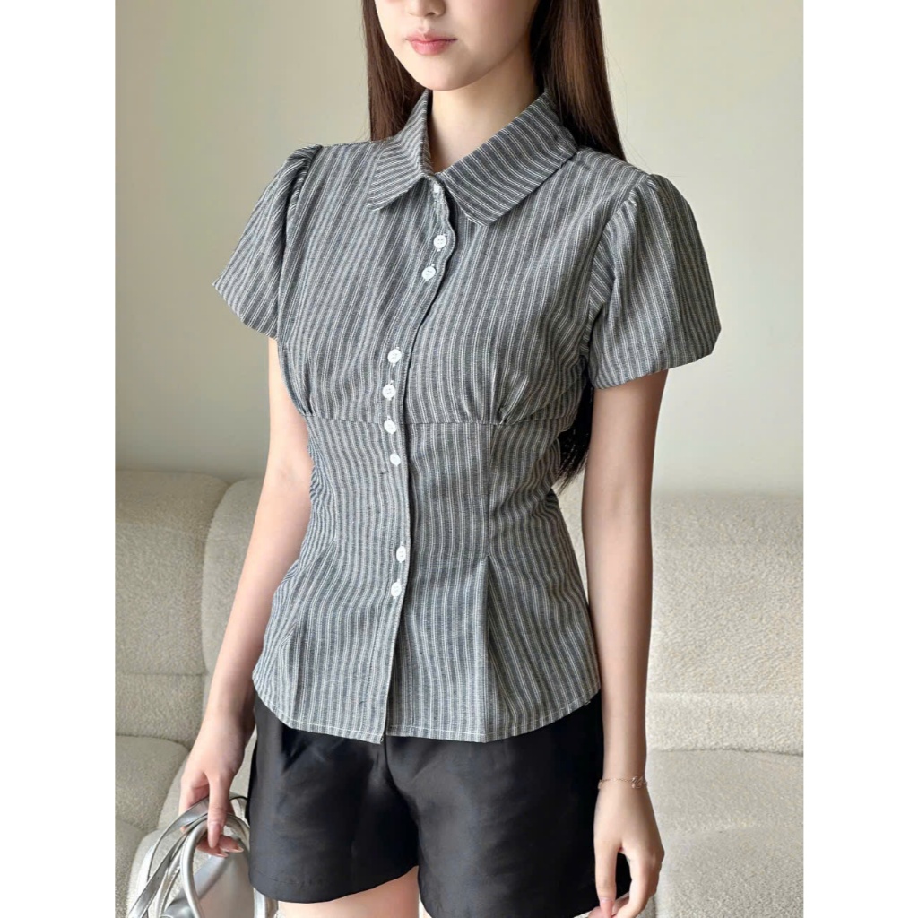 Áo kiểu babydoll kẻ chiết eo Miho House | BigBuy360 - bigbuy360.vn