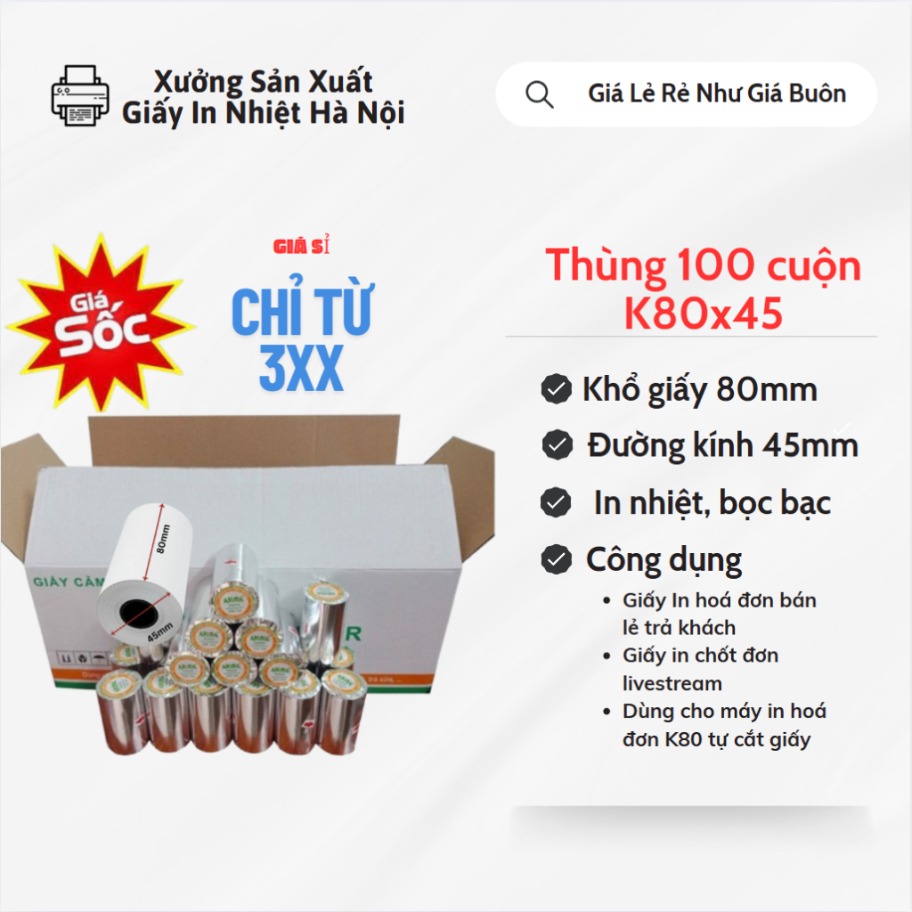 [XẢ HÀNG] Thùng 100 cuộn giấy in hóa đơn K80x45, Giấy in bill K80x45, Thùng Giấy in nhiệt k80 chất l
