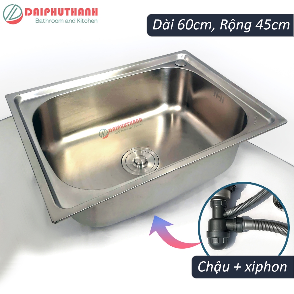 Bộ Chậu Rửa Bát 1 Hộc Inox SUS304 Kèm Vòi Lạnh 60x45cm - Chậu đủ xi phông, kiểu bo tròn góc, 2 lựa chọn vòi