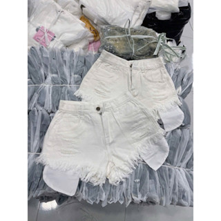  Quần short đùi jean nữ lưng cao trắng tua nhiều lòi túi Dnijean 