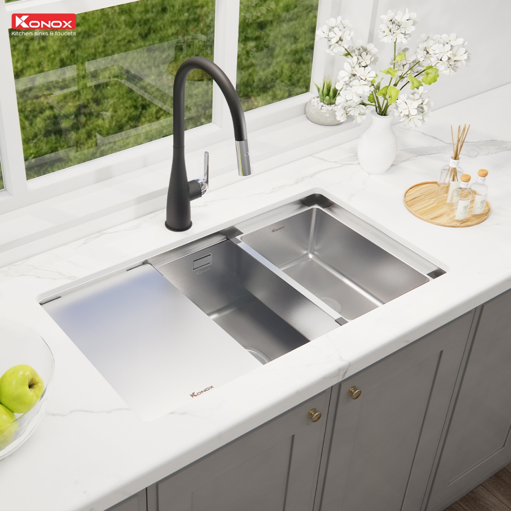 [Kèm chậu rửa nhỏ + thớt inox] Chậu rửa bát chống xước Workstation Sink KONOX KN8146SU Dekor