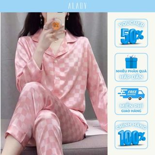 Đồ nữ Pijama ALADY lụa Latin cao cấp, sang trọng họa tiết caro dài tay - TD047