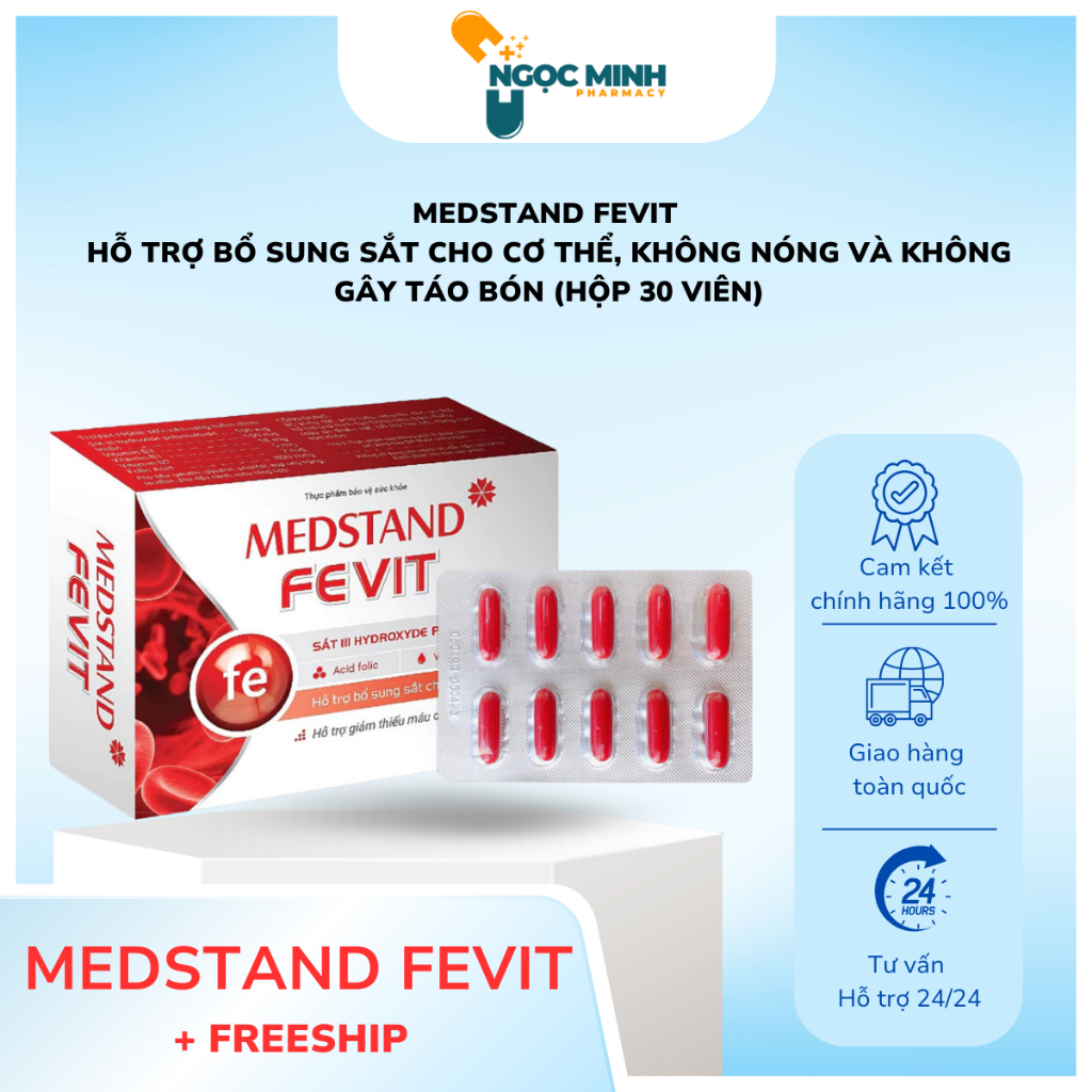 MEDSTAND FEVIT bổ sung sắt & folic acid cho cơ thể, không nóng và không gây táo bón (Hộp 30 viên).