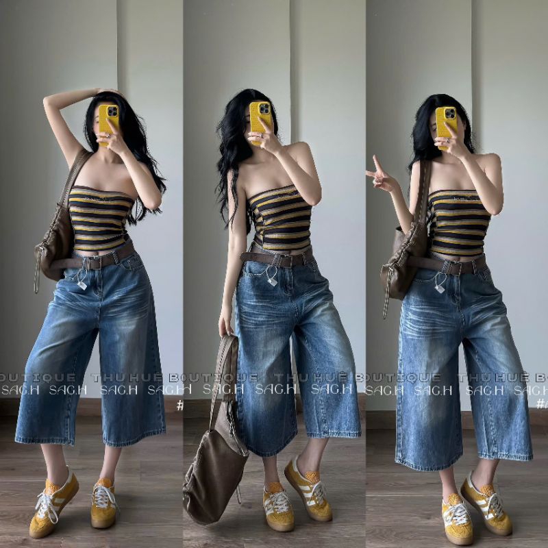 Quần jean xuông ngố lửng kèm đai A64