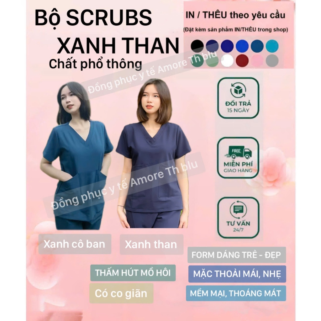 Bộ blouse cổ tim nam nữ cộc tay vải lon nhật - bộ scrubs kỹ thuật viên cho điều dưỡng, dược sỹ, y tá, bác sĩ .