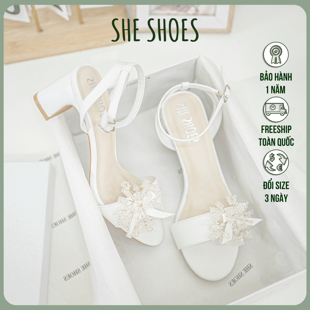 Giày cưới, sandal cưới 5P gót vuông, quai ngang đính nơ pha lê siêu xinh, siêu dễ đi - NEW ARRIVAL - GC06010