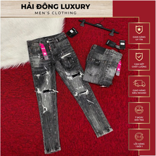 Quần Jean Xám Khói DSQ2 Hàng SC Thiết Kế Túi Nhỏ Vá Rách Vẩy Sơn Nét Keng