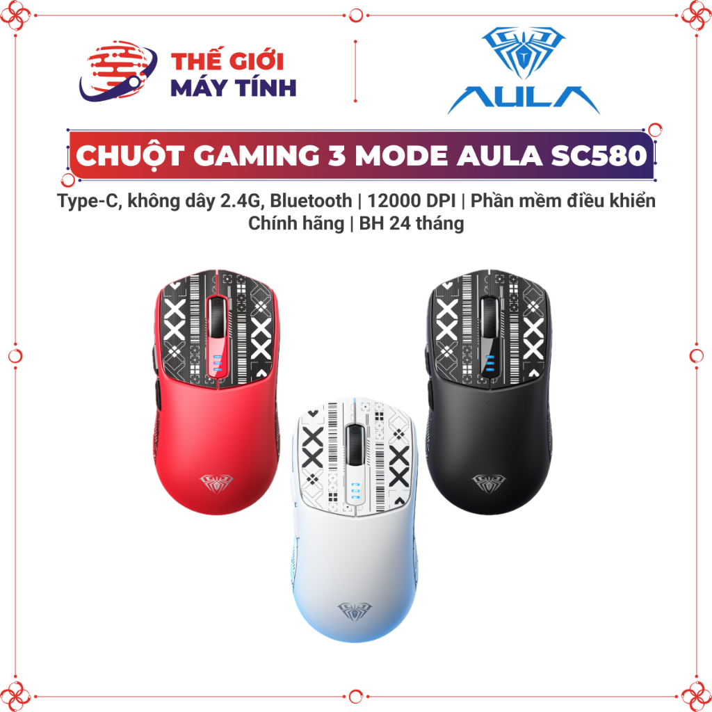 Chuột Gaming AULA SC580 | Bluetooth + 2.4GHz + Type-C | 12000 DPI | Phần mềm custom | BH 24 tháng