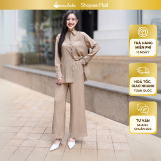 SWANLAKE | Set Đồ Bộ Nữ Áo Sơ Mi Cài Nút Tay Dài Quần Suông Ống Rộng Lưng Thun Vải Tơ Dập Ly B11687