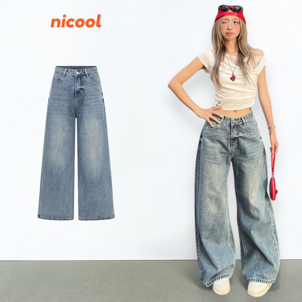  Quần Jean Nữ Ống Suông Rộng NICOOL Lưng Cao Quần Bò Dài Nhấn Wash Form Rộng Che Khuyết Điểm N41-Q65 