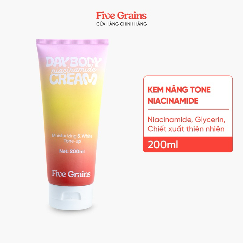 Kem dưỡng Body Five Grains 200ml trắng da nâng tone ban ngày nhờ có Niacinamide đem lại làn da sáng 