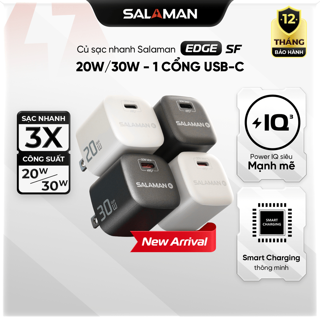 Củ Sạc Nhanh SF GaN 20W/30W Salaman Edge - Đạt chuẩn PD/QC/PPS, Sạc Mát Siêu Bền Cho iPhone/Android, Bảo Vệ 8 Lớp BH 12T