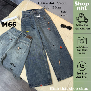  Quần jean nữ ống suông rộng QC thêu full nấm dài 87cm + 97cm size SML Shop Nhí  7241 7242 rắn  