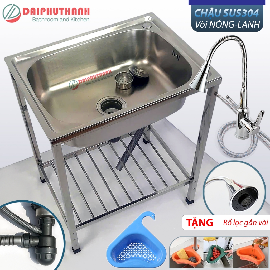 COMBO Chậu Rửa Chén Bát 1 Hộc Inox SUS304 Có Chân 60x45cm Kèm Vòi - Mua đủ bộ có vòi Tặng rổ nhựa lọc rác