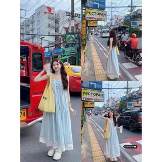 Đầm babydoll dáng dài phong cách Hàn Quốc siêu cưng chất sọc sước 2 dây đính nút phối viền ren trẻ trung hiện đại