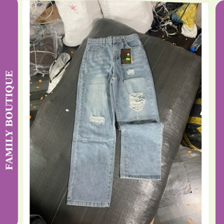 Quần bò xuông rách gối cá tính, quần jeans nữ ống rộng cạp cao phối đồ kiểu dáng trẻ trung style đường phố hot trent