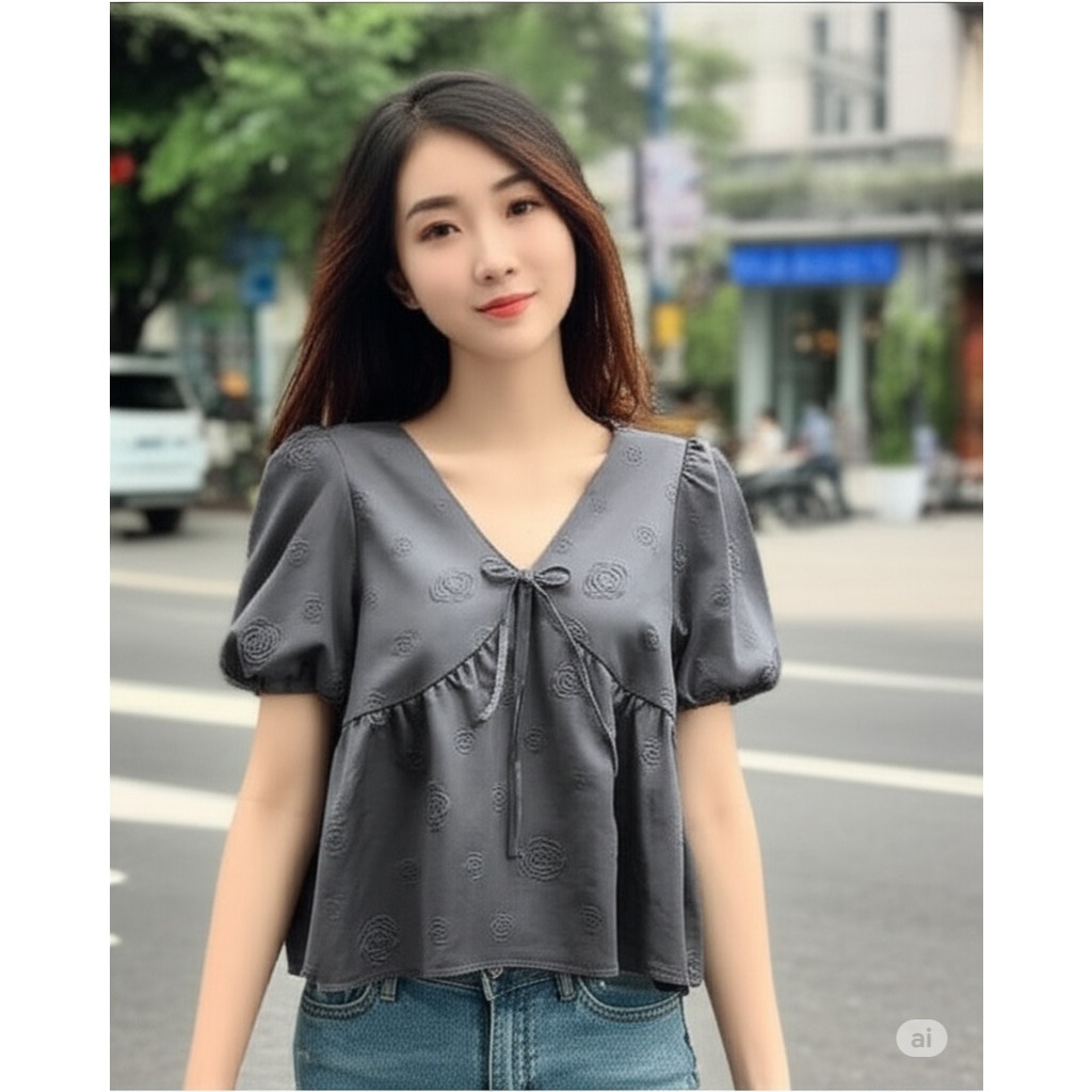 Luna Vintage Áo babydoll cổ v buộc nơ hoa chìm sang chảnh, áo kiểu nữ Hàn Quốc