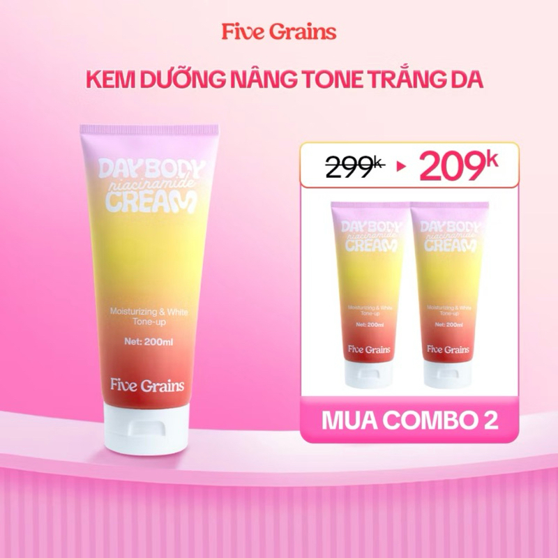 Sữa dưỡng thể ban ngày Five Grains 200ml dạng kem nâng tone nhờ có Niacinamide và Anpha-Arbutin giúp da sáng khỏe và đẹp