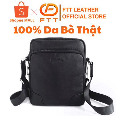 Túi đeo chéo nam da bò FTT Leather màu đen thiết kế trơn đơn giản, tiện lợi kích thước 19cmx23cm
