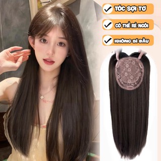 Mái thưa rẻ ngôi phủ hói nửa đầu dài dệt kim, tóc giả phủ hói nữa đầu dạng kẹp thẳng Hàn Quốc