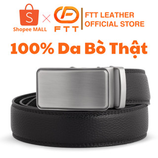 Thắt lưng da bò nam FTT Leather mặt khoá vuông bạc khoá tự động cao cấp dây lưng may viền