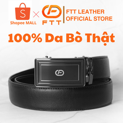 Thắt lưng nam da bò khóa tự động rãnh khấc mặt kính viền nhám FTT Leather màu đen sang trọng