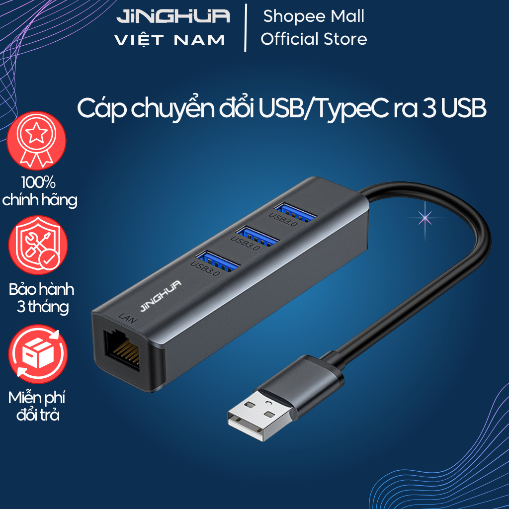 Cáp Chuyển Đổi TypeC/ USB To Lan RJ45 1000Mbps JINGHUA, Tốc Độ Truyền 1000Mbps/Gigabit Ethernet, 3 C