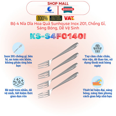 [HỎA TỐC] Bộ 4 nĩa dĩa hoa quả Sunhouse KS-S4FO140I - Inox 201, chống gỉ, sáng bóng, dễ vệ sinh - Chính hãng