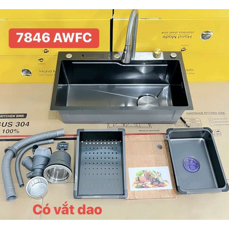 Bồn rửa chén 1 hố lớn Inox SUS 304 kèm vòi thác ngang, Chậu rửa bát 1 ngăn lớn Nano đen Korea