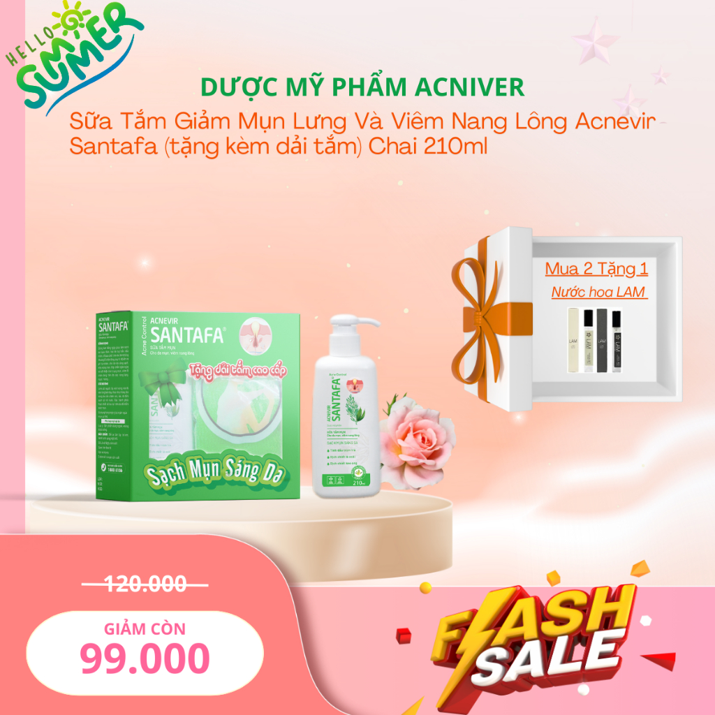 [TẶNG DẢI TẮM] Sữa Tắm Giảm Mụn Lưng, Viêm Nang Lông với BHA, Vitamin E Acnevir Santafa - Chai 210ml