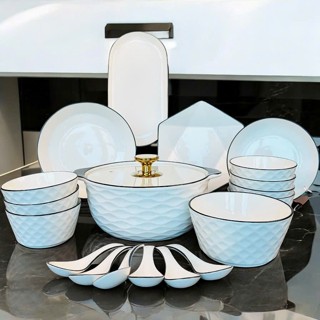 Bộ Chén Dĩa Gốm Sứ Gosu Trắng Cao Cấp Sáng Đẹp Họa Tiết Kim Cương Viền Đen