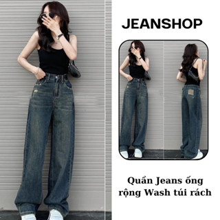 Quần Jean Nữ Ống Rộng Lưng Cao Wash Túi Rách 2 Màu Xanh Nhạt Và Xanh Đậm Phong Cách Basic_Jean Shop