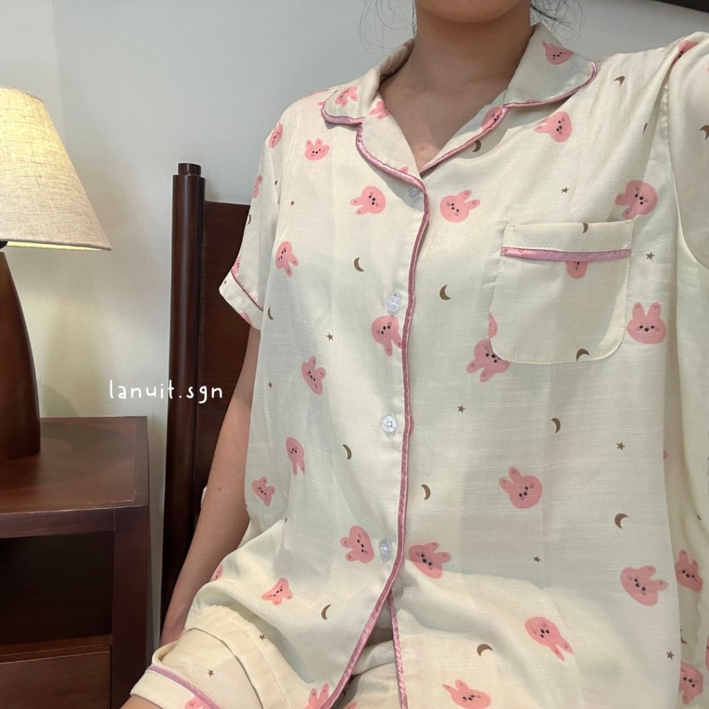 [Ảnh Thật] Bộ Đồ Ngủ Vải Đũi Lạnh Bunny Moon