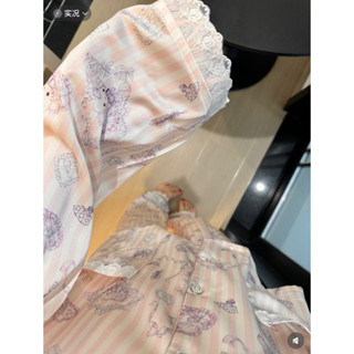 Set pijama hồng kẻ viền ren họa tiết chibeo mèo kitty cổ bèo ngọt ngào cho nữ - L0088 Cotton lụa  Nữ