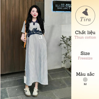 Váy suông bầu dáng dài TIRA MAMA V2109 Váy thun nữ bigsize váy cotton mùa hè cổ polo kẻ sọc[kèm gấu]